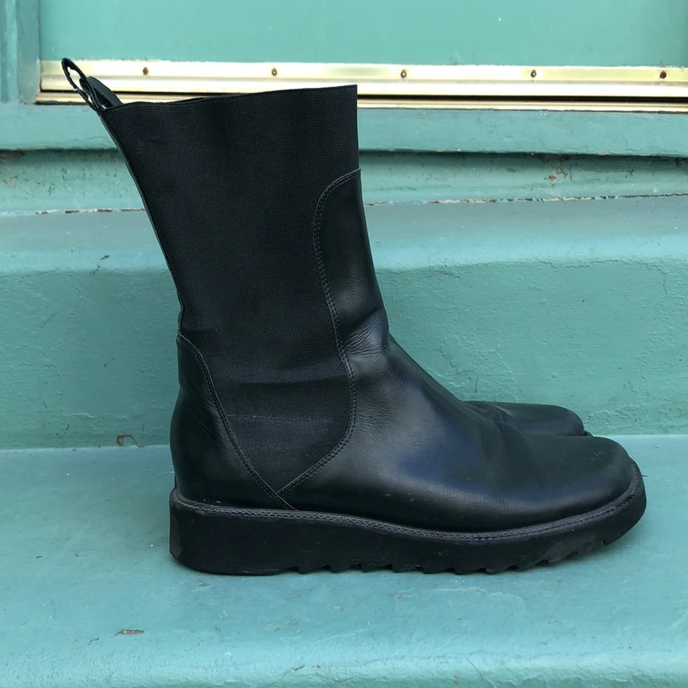 Donald J. Pliner black leather/nylon mid calf boot
